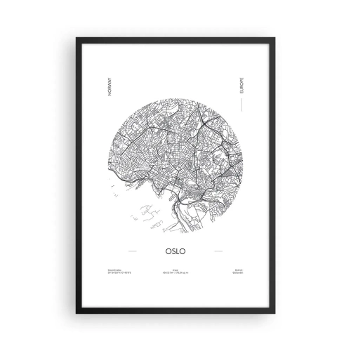 Poster in een zwarte lijst - Een minimalistische zwart-witkaart van Oslo - 50x70cm - Anatomie van Oslo - Moderne wanddecoratie voor woonkamer en slaapkamer ARTTOR