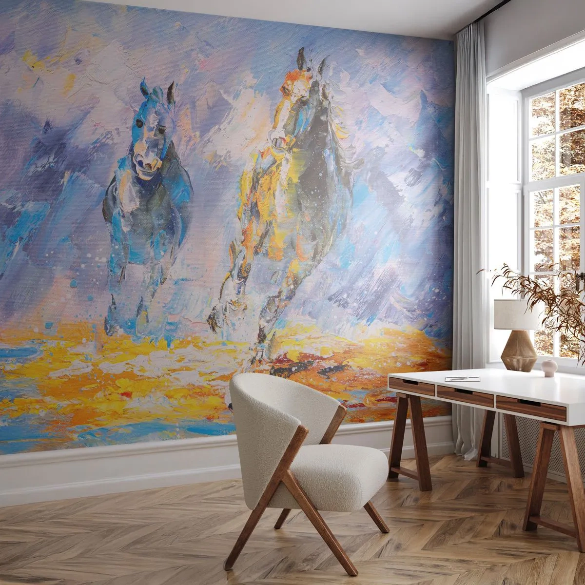 Zelfklevend Fotobehang Deluxe Sticker - Galopperen door de schittering - Dieren, Paarden, Impressionisme - 150x105 cm
