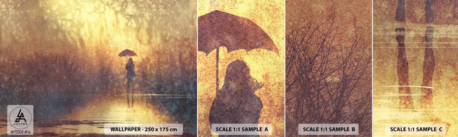 Fotobehang Staaltje Standard Eco - Ik voel dat iemand naar me kijkt - Abstractie, Vrouw, Lopen in de regen - 100x30 cm