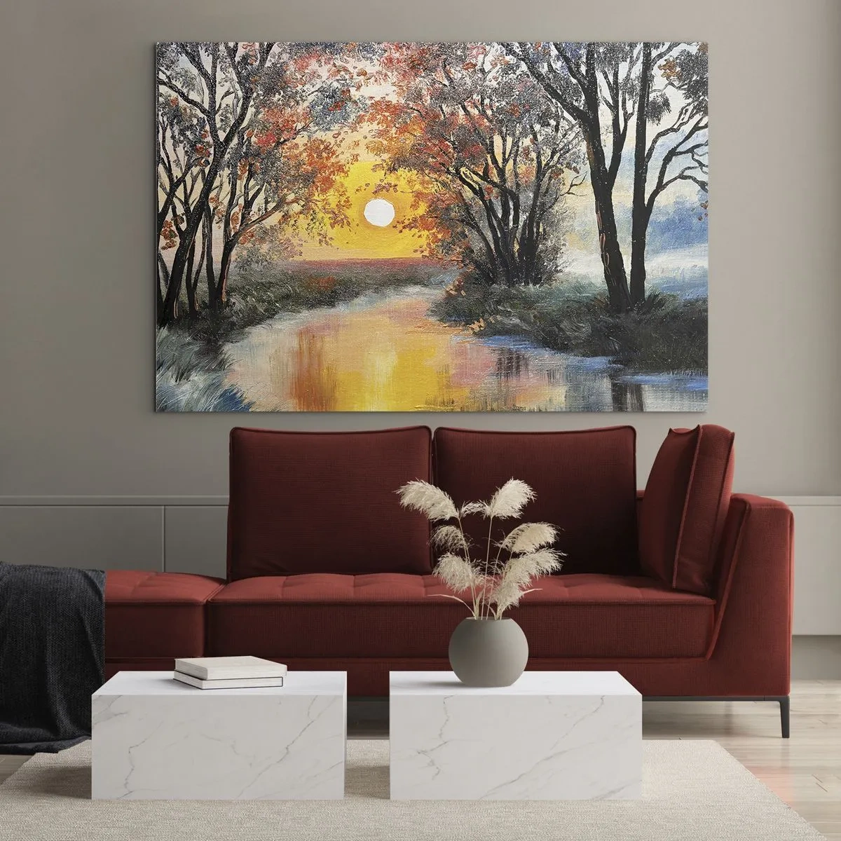 Schilderen op glas - Zonsondergang over de rivier tussen de bomen - 70x50cm - Herfst vibes - Moderne wanddecoratie voor woonkamer en slaapkamer ARTTOR