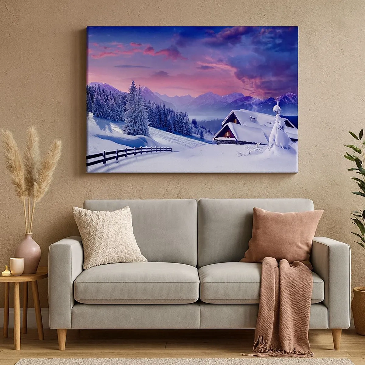 Schilderen op canvas - Winterlandschap met berghutten bij zonsondergang - 70x50cm - Stille nacht - Moderne wanddecoratie voor woonkamer en slaapkamer ARTTOR