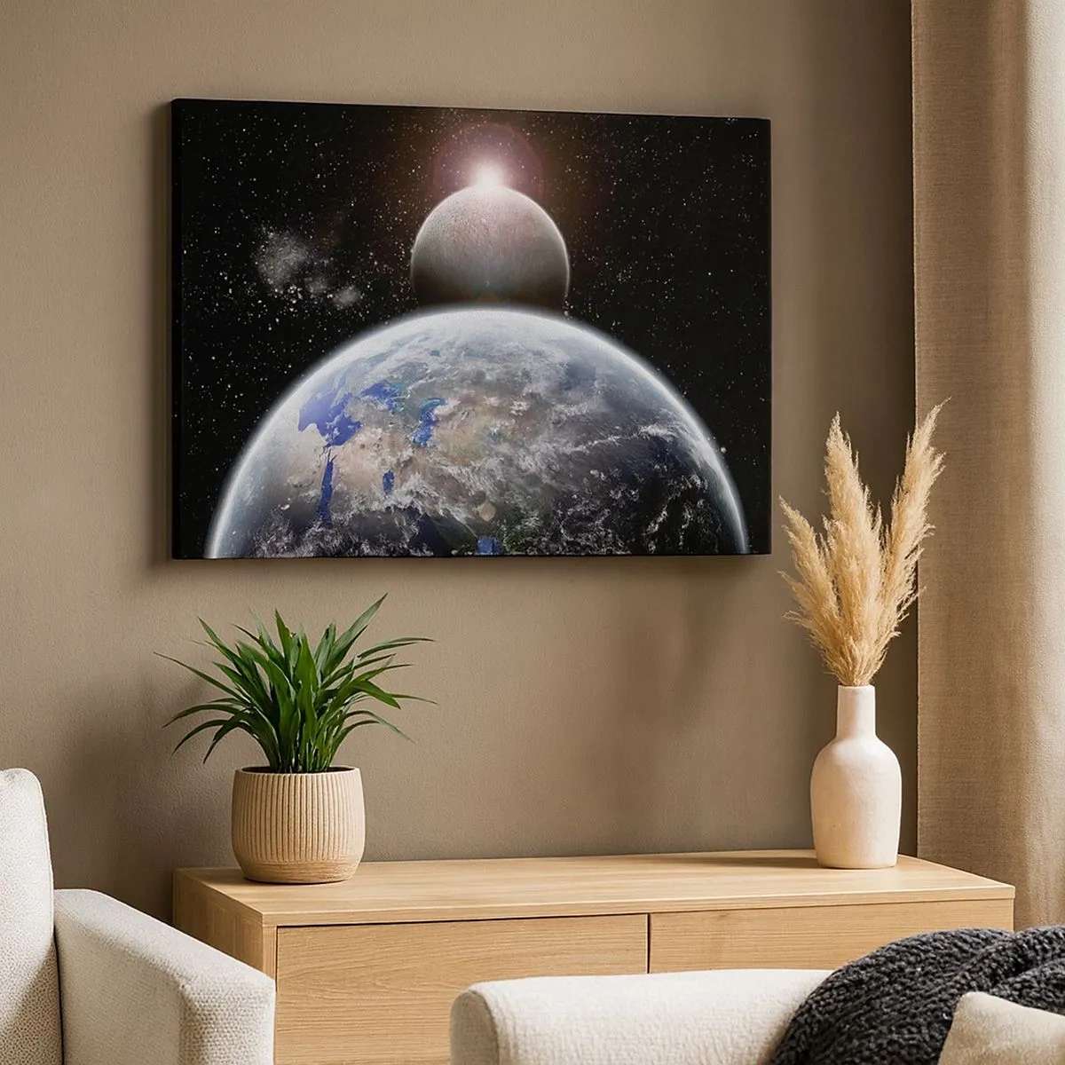 Schilderen op canvas - Planeet Aarde en de Maan tegen de achtergrond van de sterrenhemel. - 70x50cm - Kosmisch landschap - zonsopgang - Moderne wanddecoratie voor woonkamer en slaapkamer ARTTOR