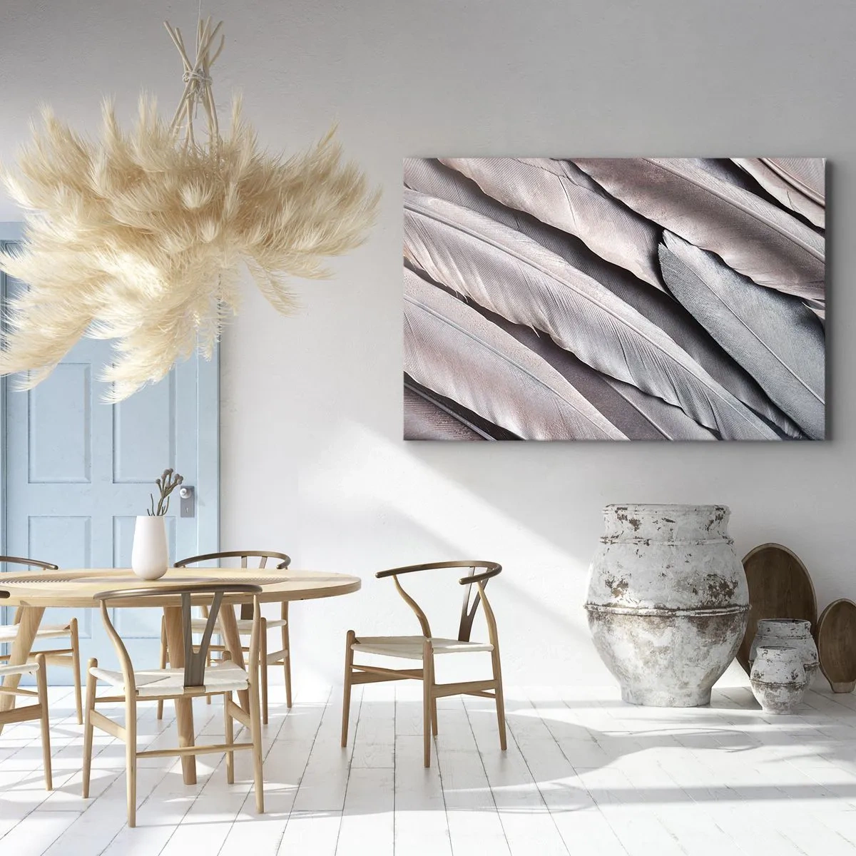 Schilderen op canvas - Delicate veren in subtiele tinten grijs en beige - 70x50cm - In roze zilver - Moderne wanddecoratie voor woonkamer en slaapkamer ARTTOR