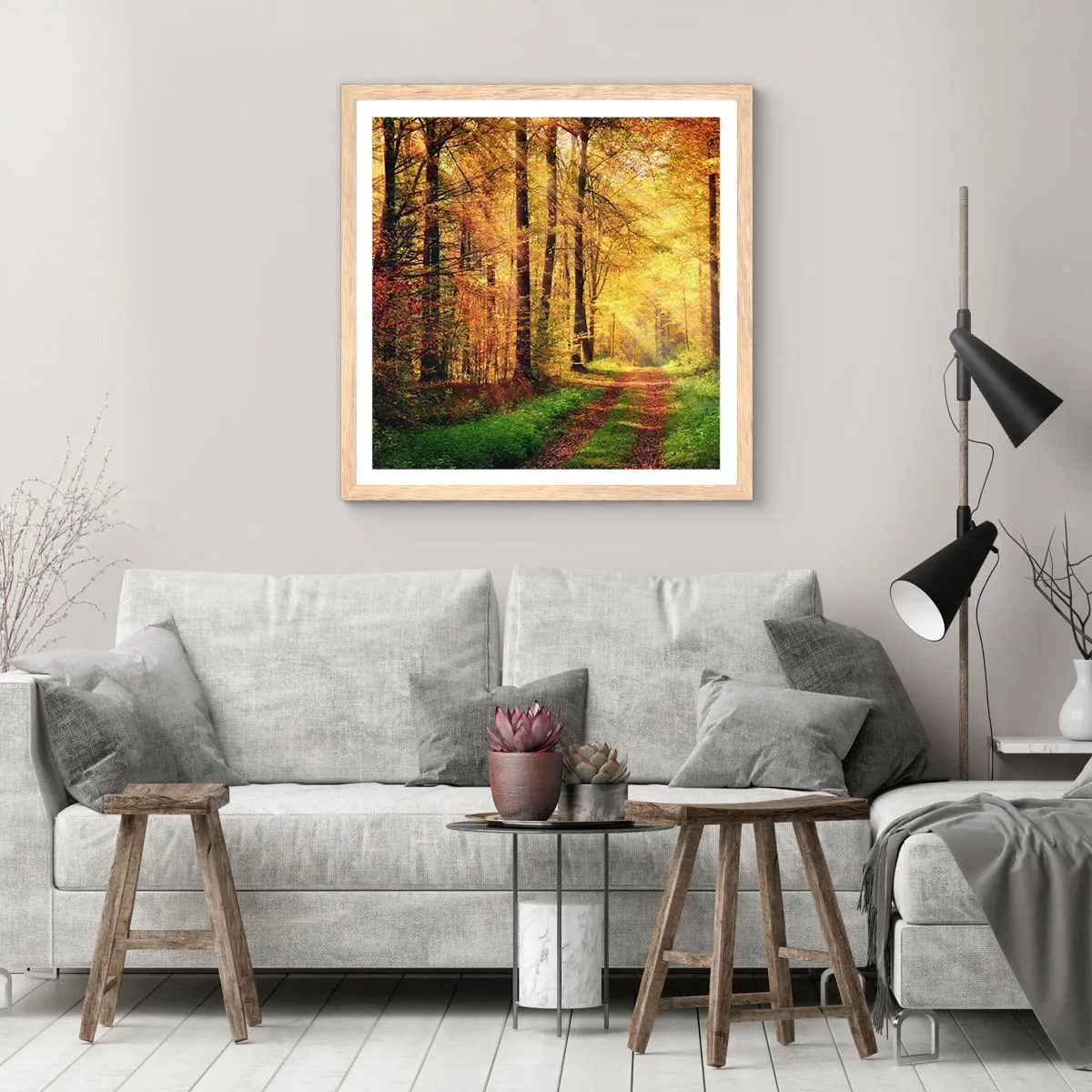Een poster in een licht eiken lijst - Bos-gouden stilte - 30x30 cm