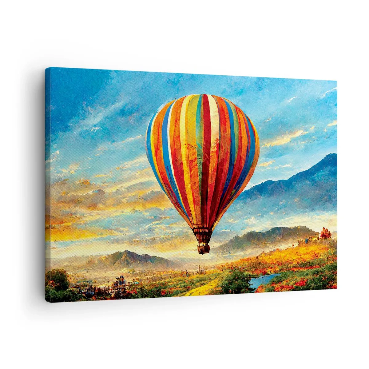 Schilderen op canvas - Een kleurrijke ballon boven een schilderachtig landschap - 70x50cm - In stilte zie je meer - Moderne wanddecoratie voor woonkamer en slaapkamer ARTTOR