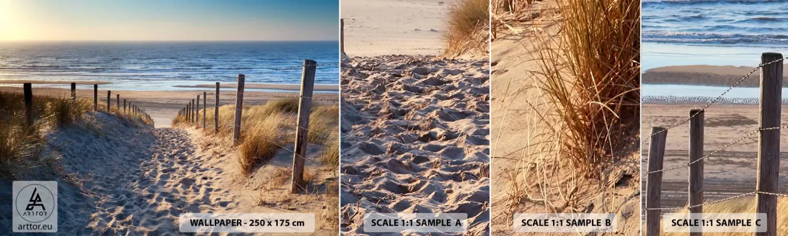 Fotobehang Monster Zelfklevend Deluxe Sticker - Het geluid van de zee, het zingen van vogels, een wild strand tussen het gras... - Landschap, Strand, Duinen - 100x30 cm