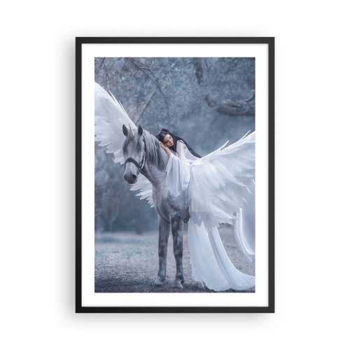 Poster in een zwarte lijst - Pegasus met witte vleugels en een etherische figuur - 50x70cm - Een geïnspireerd moment - Moderne wanddecoratie voor woonkamer en slaapkamer ARTTOR
