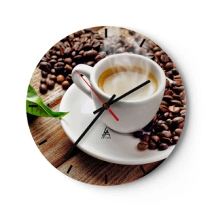 Wandklok - Klok - Een kopje koffie met bonen op een houten achtergrond - 30x30cm - Koffie op de bank - Moderne wanddecoratie voor woonkamer, keuken en slaapkamer ARTTOR
