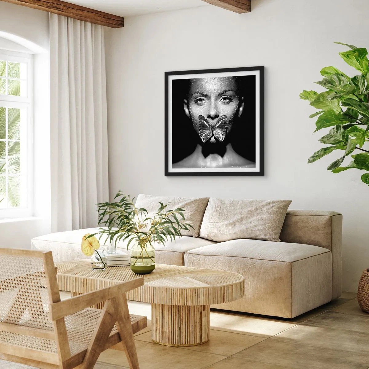 Poster in een zwarte lijst - Vlinder kus - 30x30 cm