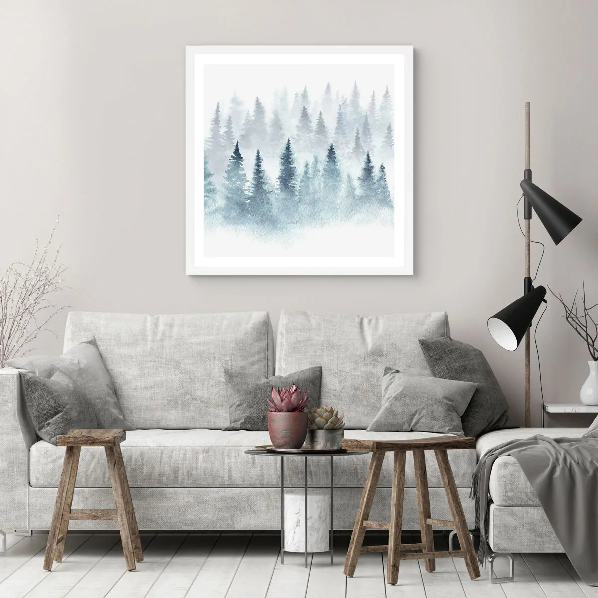 Poster in een witte lijst - Gehuld in mist - 60x60 cm