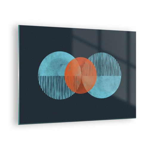 Schilderen op glas - Gekleurde cirkels met verticale lijnen op een donkere achtergrond - 70x50cm - Symmetrische compositie - Moderne wanddecoratie voor woonkamer en slaapkamer ARTTOR