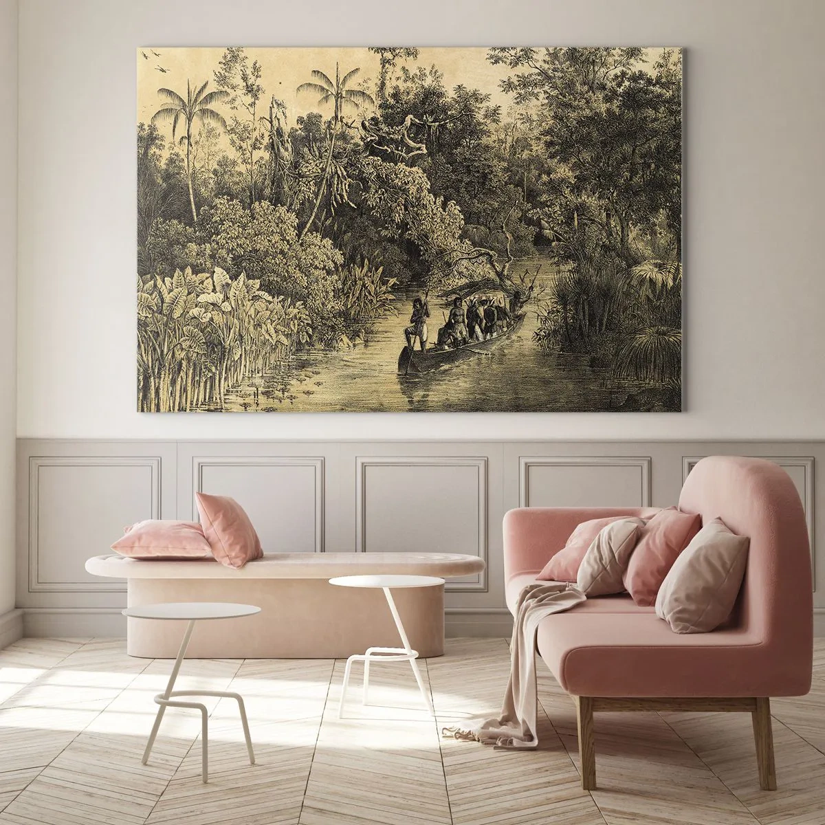 Schilderen op glas - Retroprint met een reis door de jungle - 70x50cm - Expeditie naar de bron - Moderne wanddecoratie voor woonkamer en slaapkamer ARTTOR
