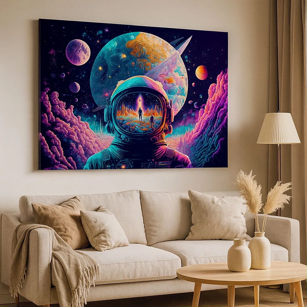 Schilderen op canvas - Astronaut in de ruimte met een kleurrijk planetair landschap - 70x50cm - Filosofen hebben er niet van gedroomd - Moderne wanddecoratie voor woonkamer en slaapkamer ARTTOR