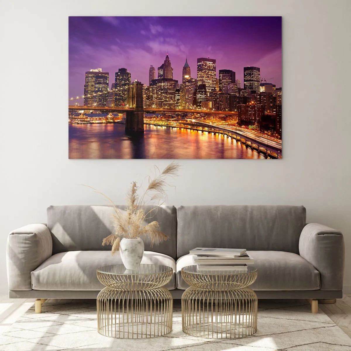 Schilderen op glas - Avondzicht op New York met de Brooklyn Bridge - 70x50cm - Violet-goud Manhattan - Moderne wanddecoratie voor woonkamer en slaapkamer ARTTOR