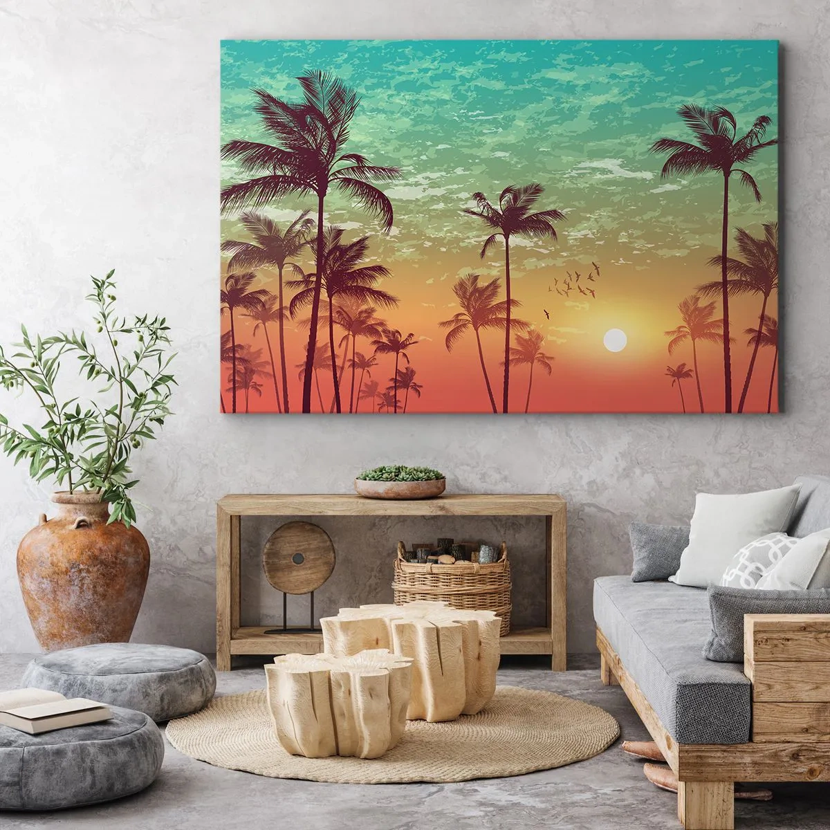 Schilderen op canvas - Zonsondergang met palmbomen tegen een kleurrijke lucht - 70x50cm - Tropische sferen - Moderne wanddecoratie voor woonkamer en slaapkamer ARTTOR