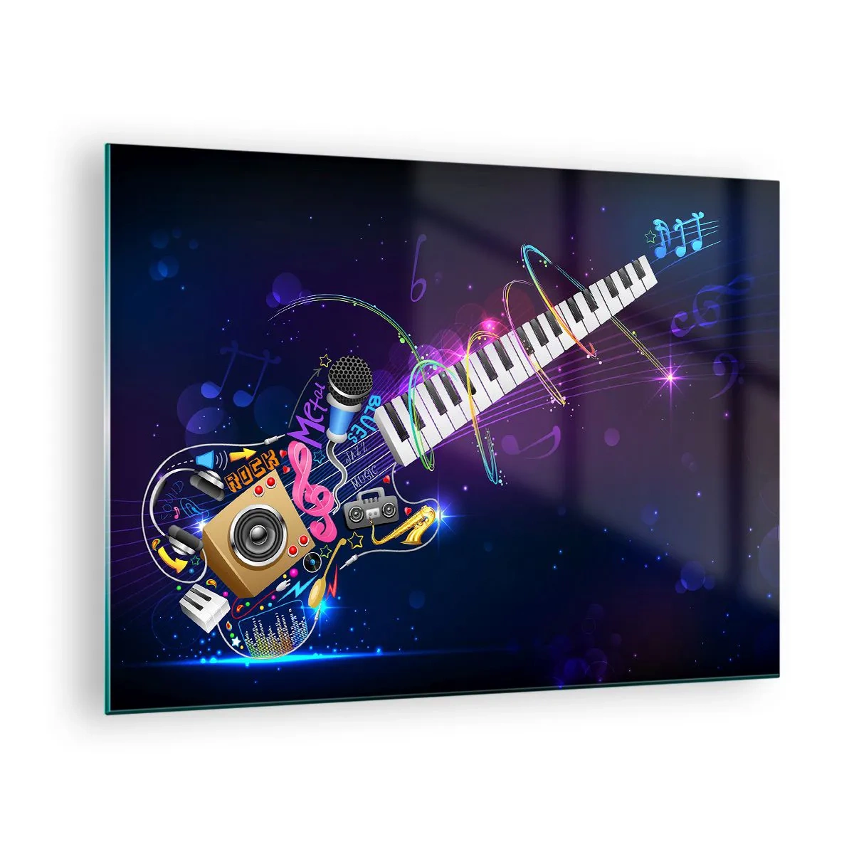 Schilderen op glas - Kleurrijke muziekcompositie met instrumenten en noten - 70x50cm - En alles is prima. - Moderne wanddecoratie voor woonkamer en slaapkamer ARTTOR