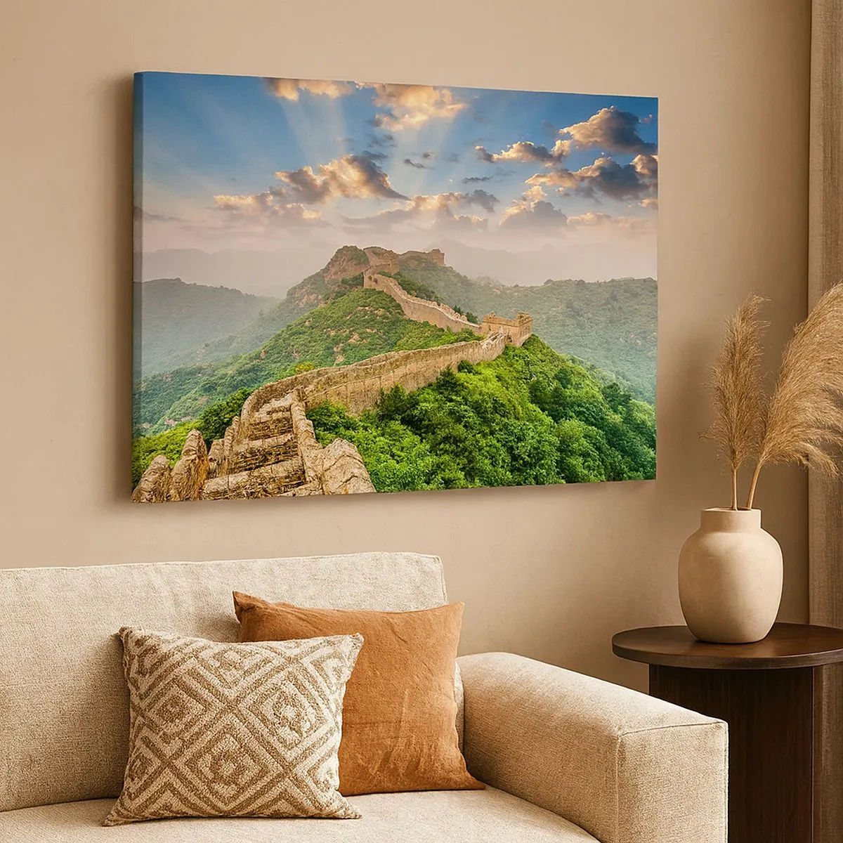 Schilderen op canvas - De Chinese Muur verlicht door zonlicht in een schilderachtig landschap - 70x50cm - Eeuwige grootheid - Moderne wanddecoratie voor woonkamer en slaapkamer ARTTOR