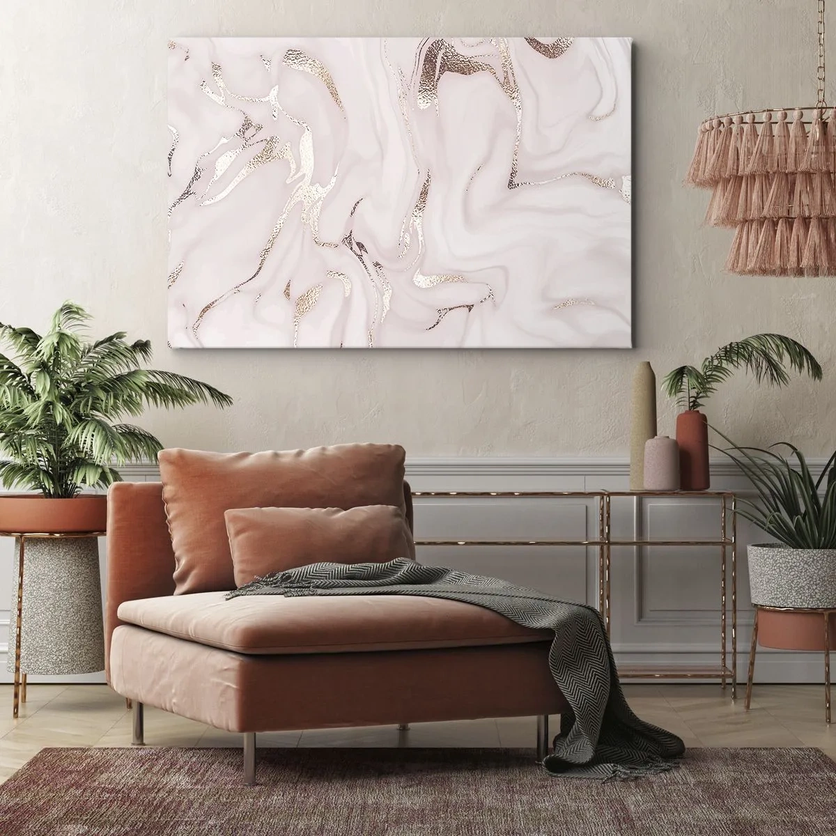 Schilderen op canvas - Elegante abstractie in tinten roze en goud - 70x50cm - In een roze sjaal - Moderne wanddecoratie voor woonkamer en slaapkamer ARTTOR
