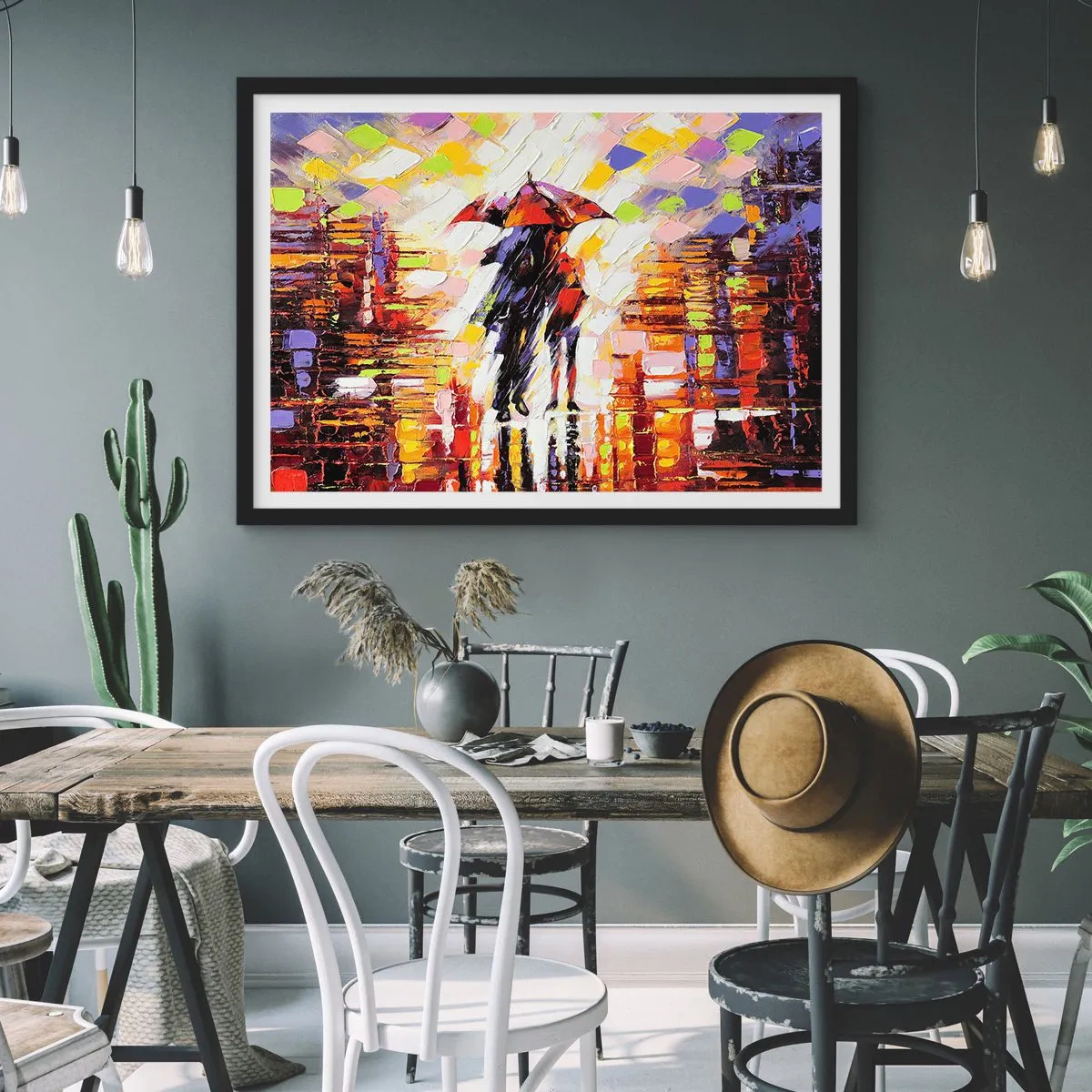 Poster in een zwarte lijst - Samen door de nacht en regen - 40x30 cm