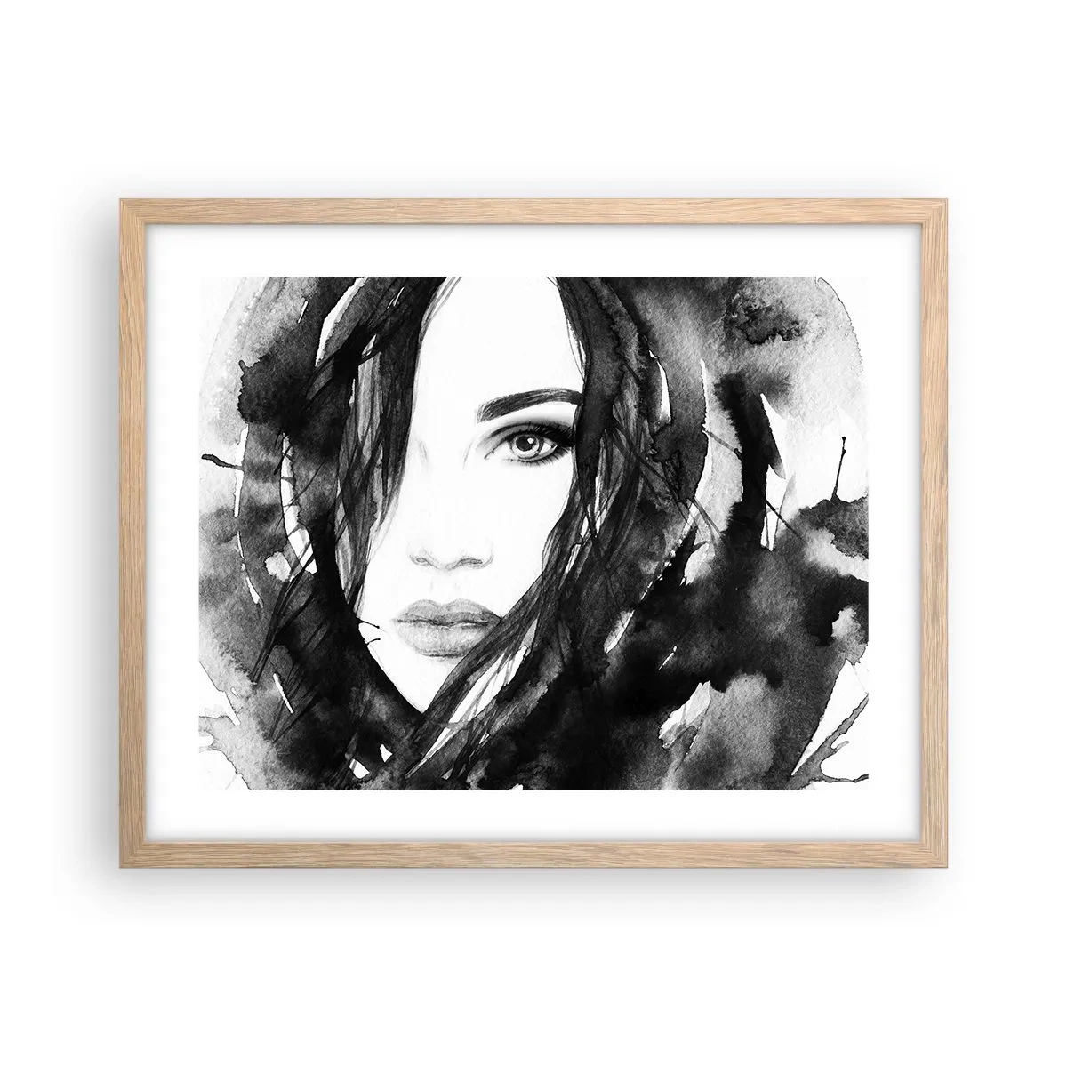 Een poster in een licht eiken lijst - Portret van een dame in zwart en wit - 50x40 cm