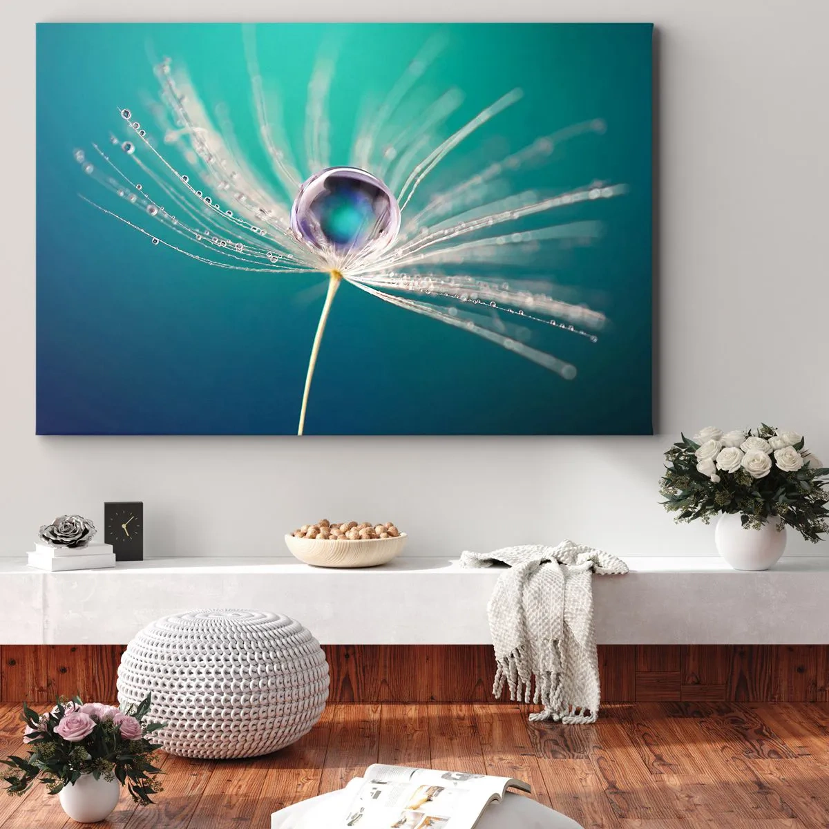 Schilderen op canvas - Macro van een druppel water op een teer paardenbloemzaadje - 70x50cm - Mystiek moment - Moderne wanddecoratie voor woonkamer en slaapkamer ARTTOR