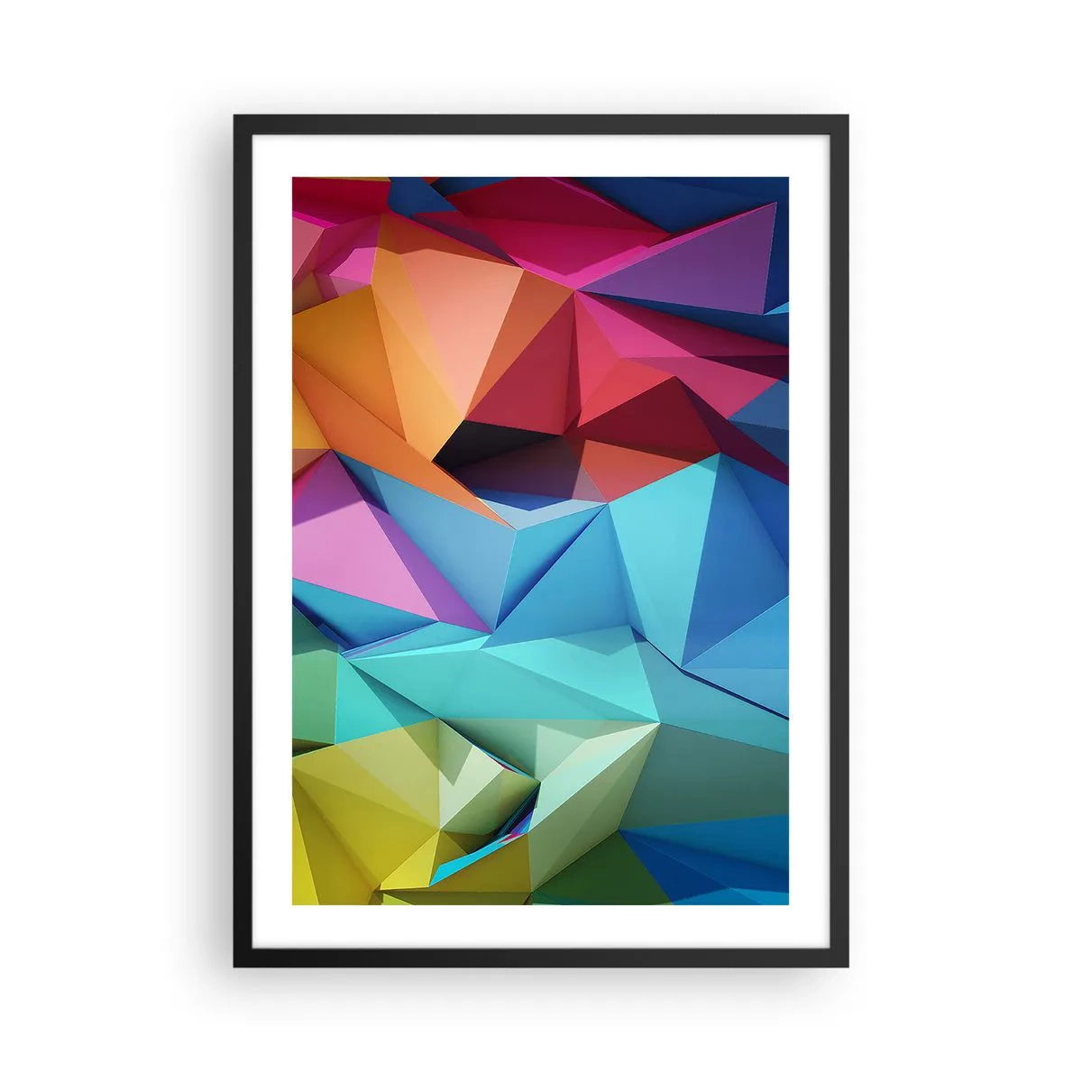 Poster in een zwarte lijst - Kleurrijke geometrische abstractie met driehoeken - 50x70cm - Regenboog origami - Moderne wanddecoratie voor woonkamer en slaapkamer ARTTOR