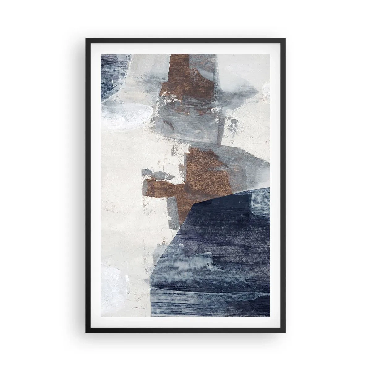 Poster in een zwarte lijst - Blauwe en bruine vormen - 61x91 cm