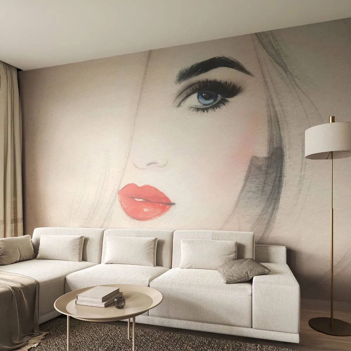 Zelfklevend Fotobehang Deluxe Sticker - Het hypnotiseert en bedwelmt - Portret van een vrouw, Het gezicht van de vrouw, rode lippen - 250x175 cm