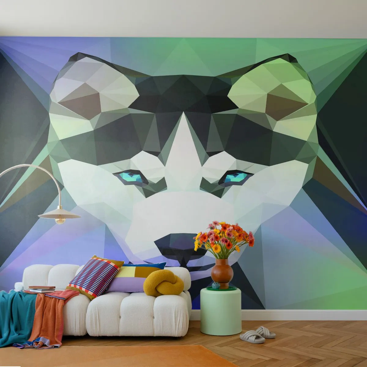 Fotobehang Premium Canvas - De herinnering aan de sneeuw van het noorden - Abstractie, Dieren, Wolf - 300x210 cm