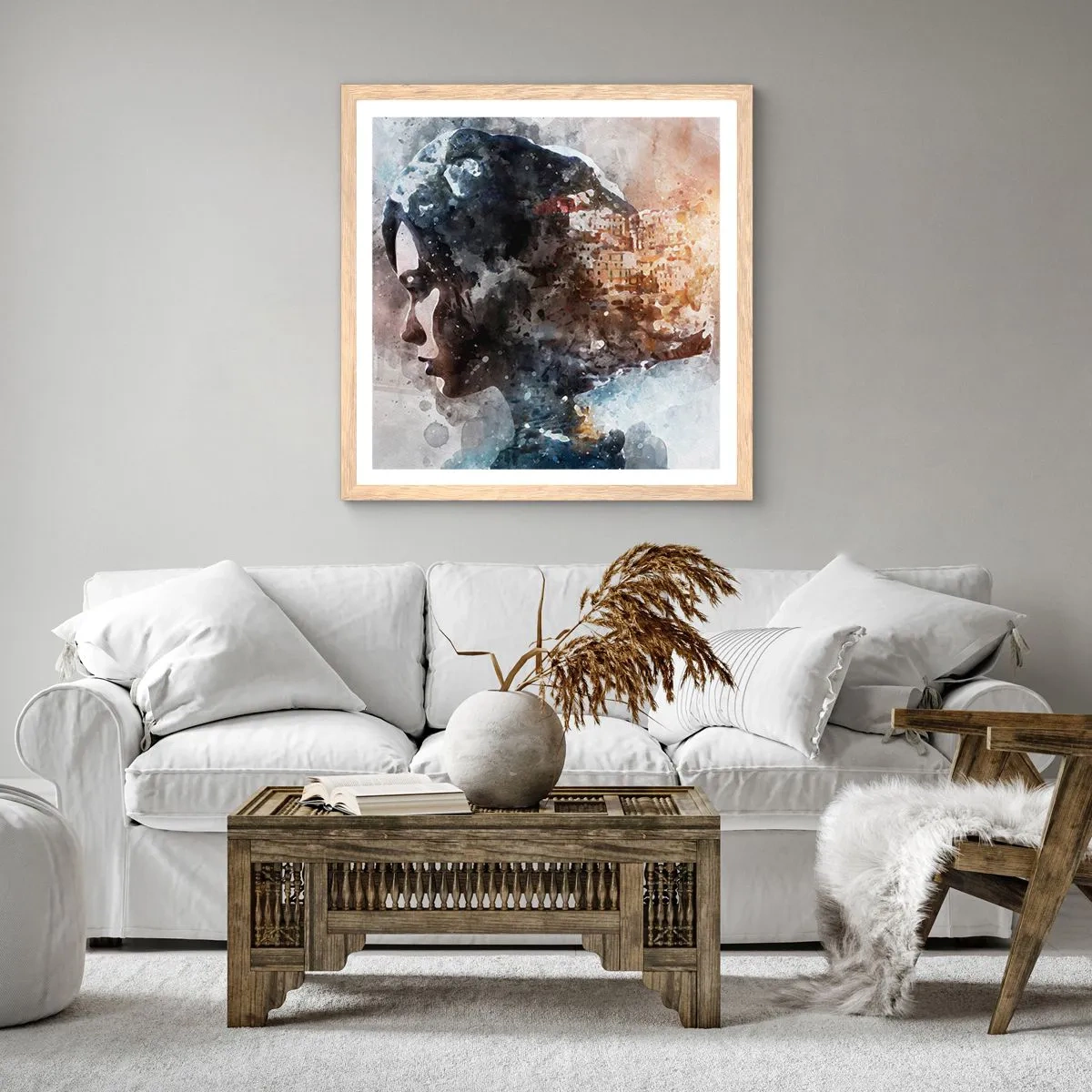 Een poster in een licht eiken lijst - Een verhaal over een meisje met een stad op de achtergrond - 50x50 cm