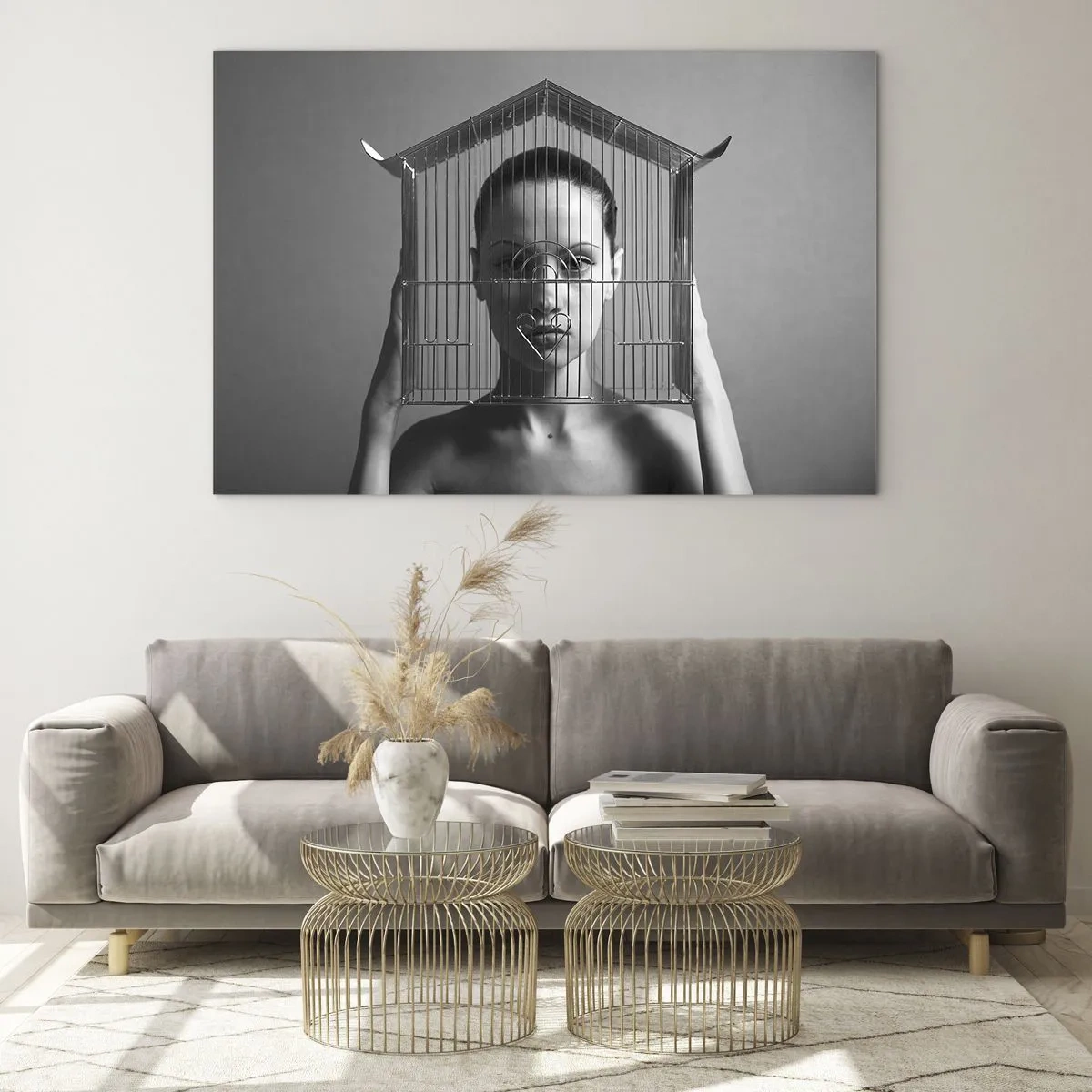 Schilderen op glas - Vrouw met een kooi in de vorm van een huis op haar gezicht in zwart-wit - 70x50cm - Een ietwat surrealistisch portret - Moderne wanddecoratie voor woonkamer en slaapkamer ARTTOR