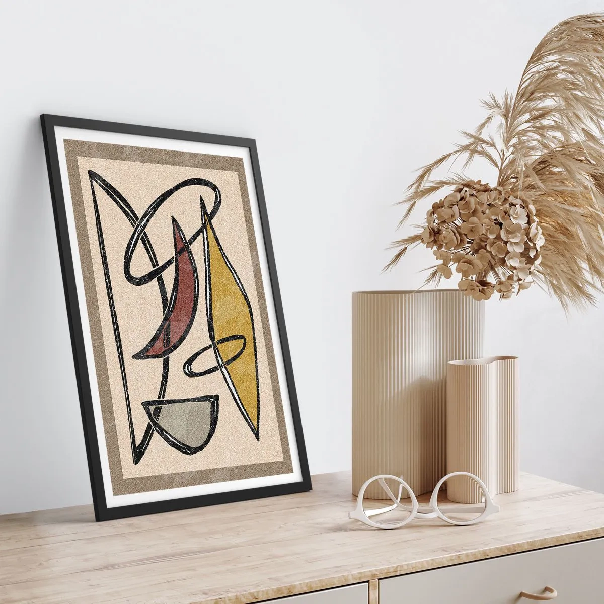 Poster in een zwarte lijst - Geometrische abstractie in tinten beige en bruin - 50x70cm - Verticale en horizontale lijnen - Moderne wanddecoratie voor woonkamer en slaapkamer ARTTOR