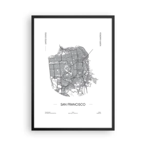 Poster in een zwarte lijst - Een minimalistische kaart van San Francisco in zwart-wit. - 50x70cm - Anatomie van San Francisco - Moderne wanddecoratie voor woonkamer en slaapkamer ARTTOR