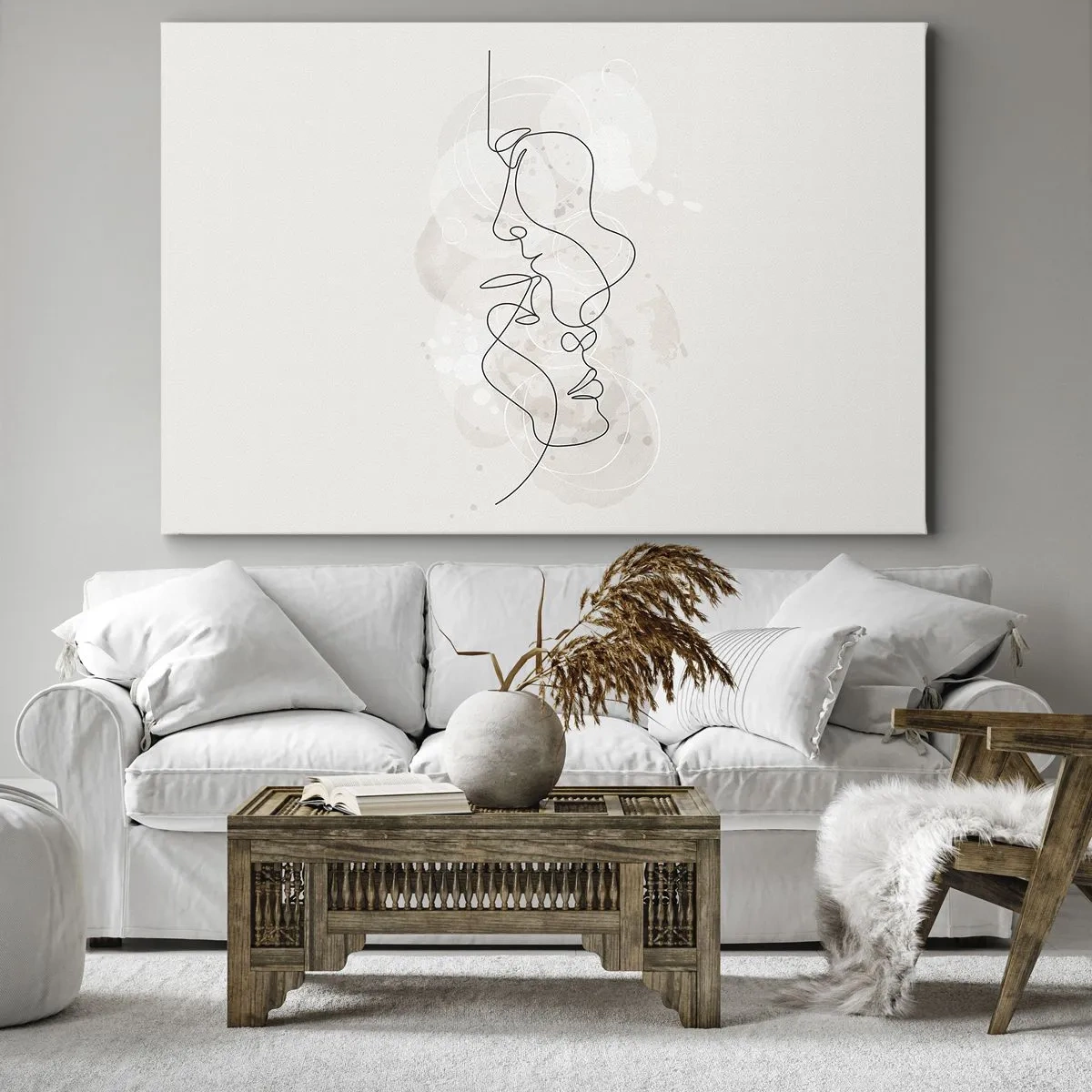 Schilderen op canvas - Abstracte omtrek van twee gezichten op een lichte achtergrond - 70x50cm - Verstrikt in een omhelzing - Moderne wanddecoratie voor woonkamer en slaapkamer ARTTOR