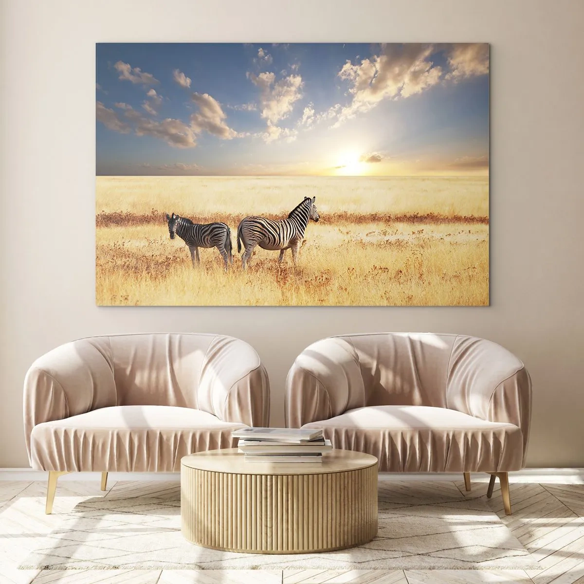Schilderen op glas - Twee zebra's in de savanne bij zonsondergang - 70x50cm - Ga weg, verstoor onze vrede niet - Moderne wanddecoratie voor woonkamer en slaapkamer ARTTOR