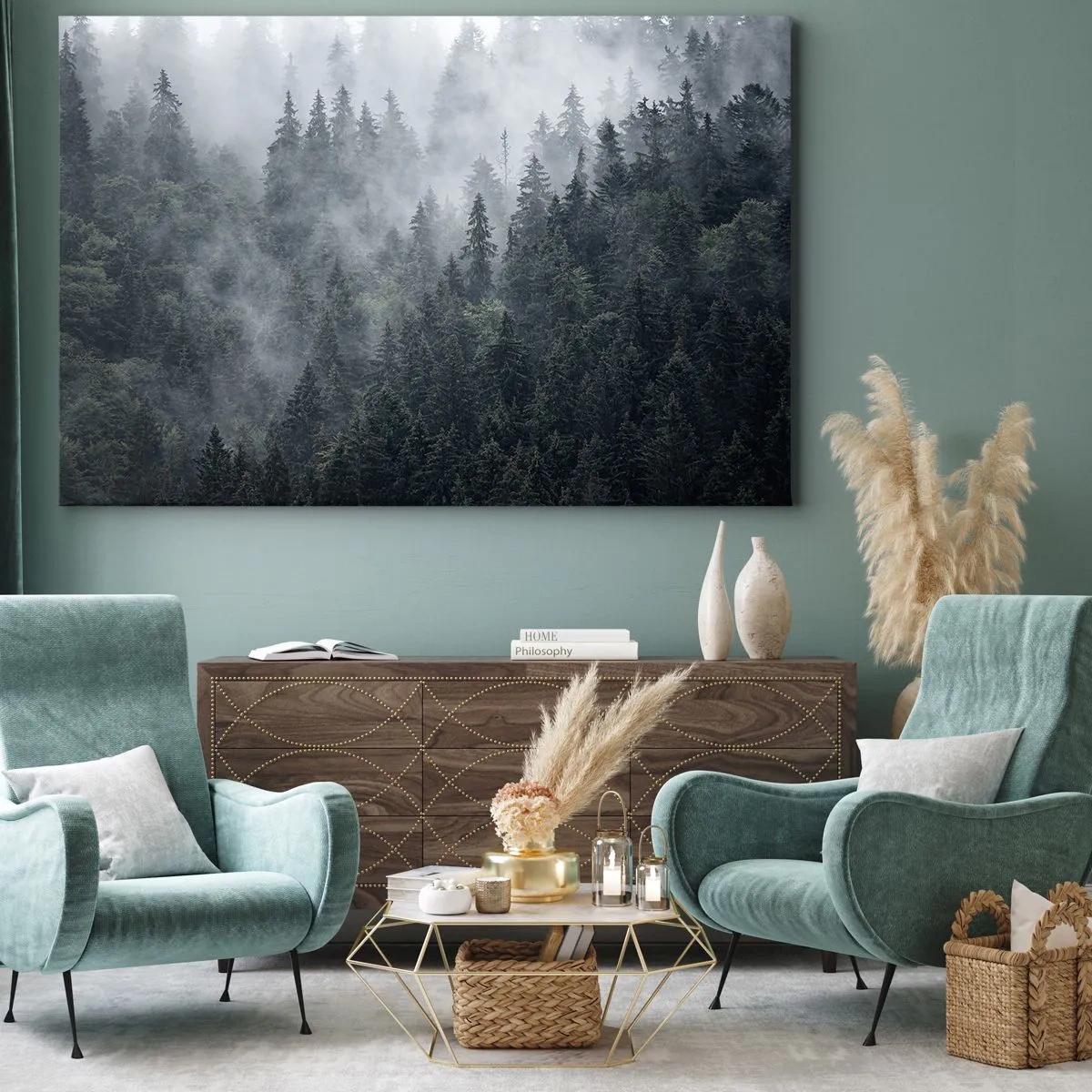 Schilderen op canvas - Mistig naaldbos in tinten grijs en groen - 70x50cm - Bos dageraad - Moderne wanddecoratie voor woonkamer en slaapkamer ARTTOR