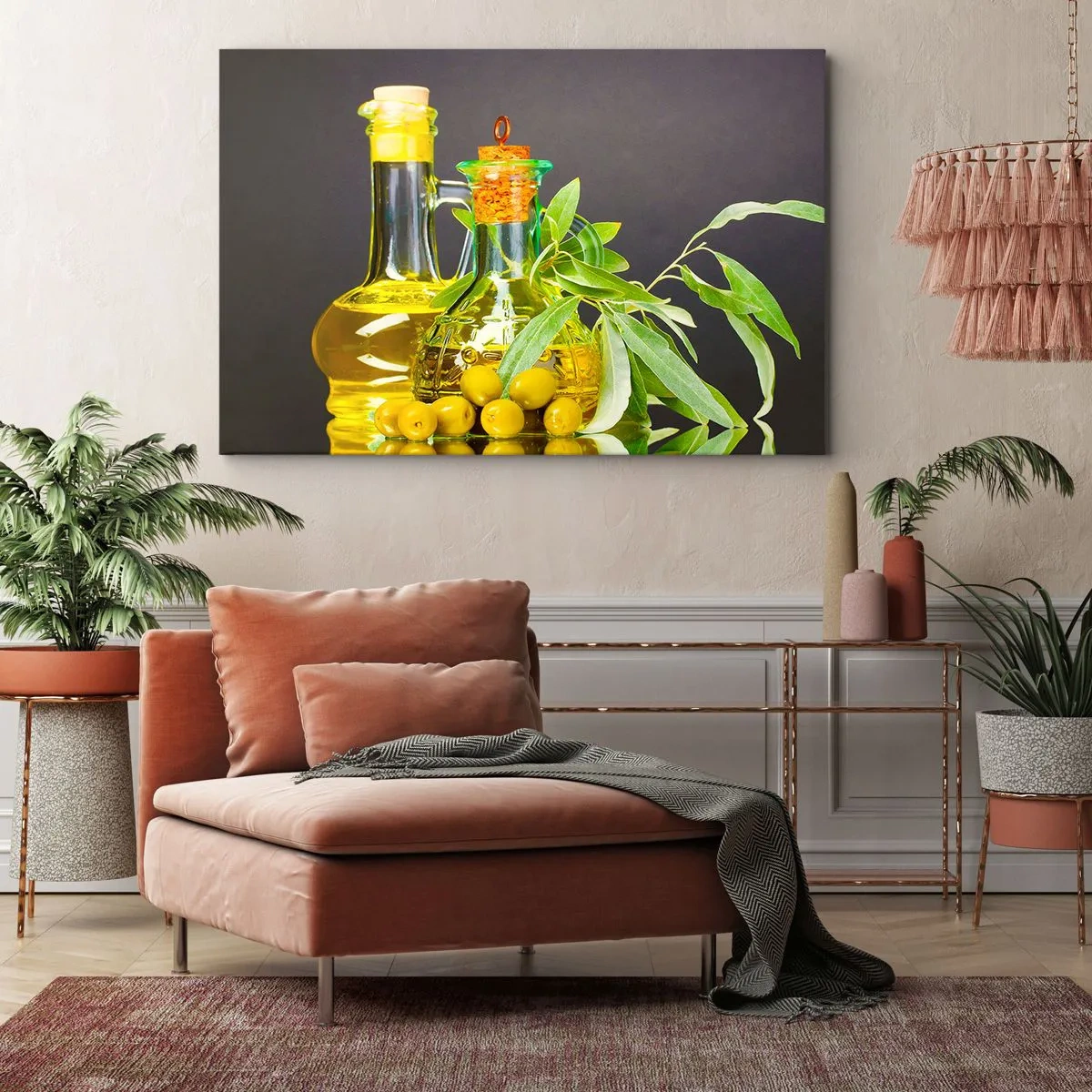 Schilderen op canvas - Flessen olijfolie en olijfboomtakken - 70x50cm - Stilleven met olijven en olijfolie - Moderne wanddecoratie voor woonkamer en slaapkamer ARTTOR