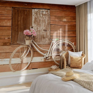 Fotobehang Premium Sand - Ben zo terug - Fiets, Bloemen, Houten huis - 450x315 cm