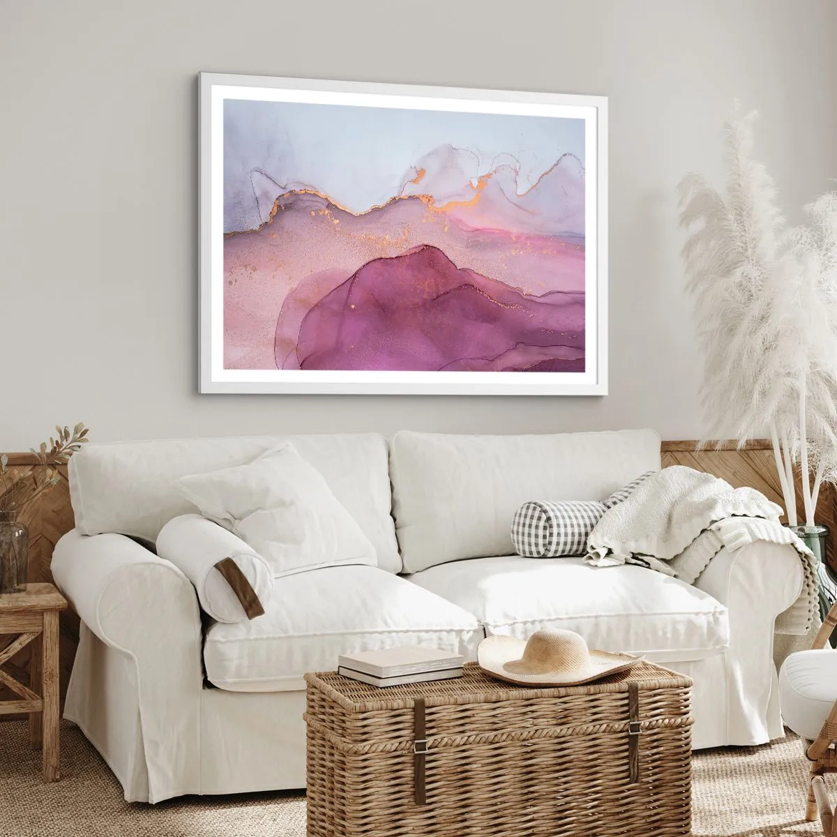 Poster in een witte lijst - Lila en paarse golven - 91x61 cm