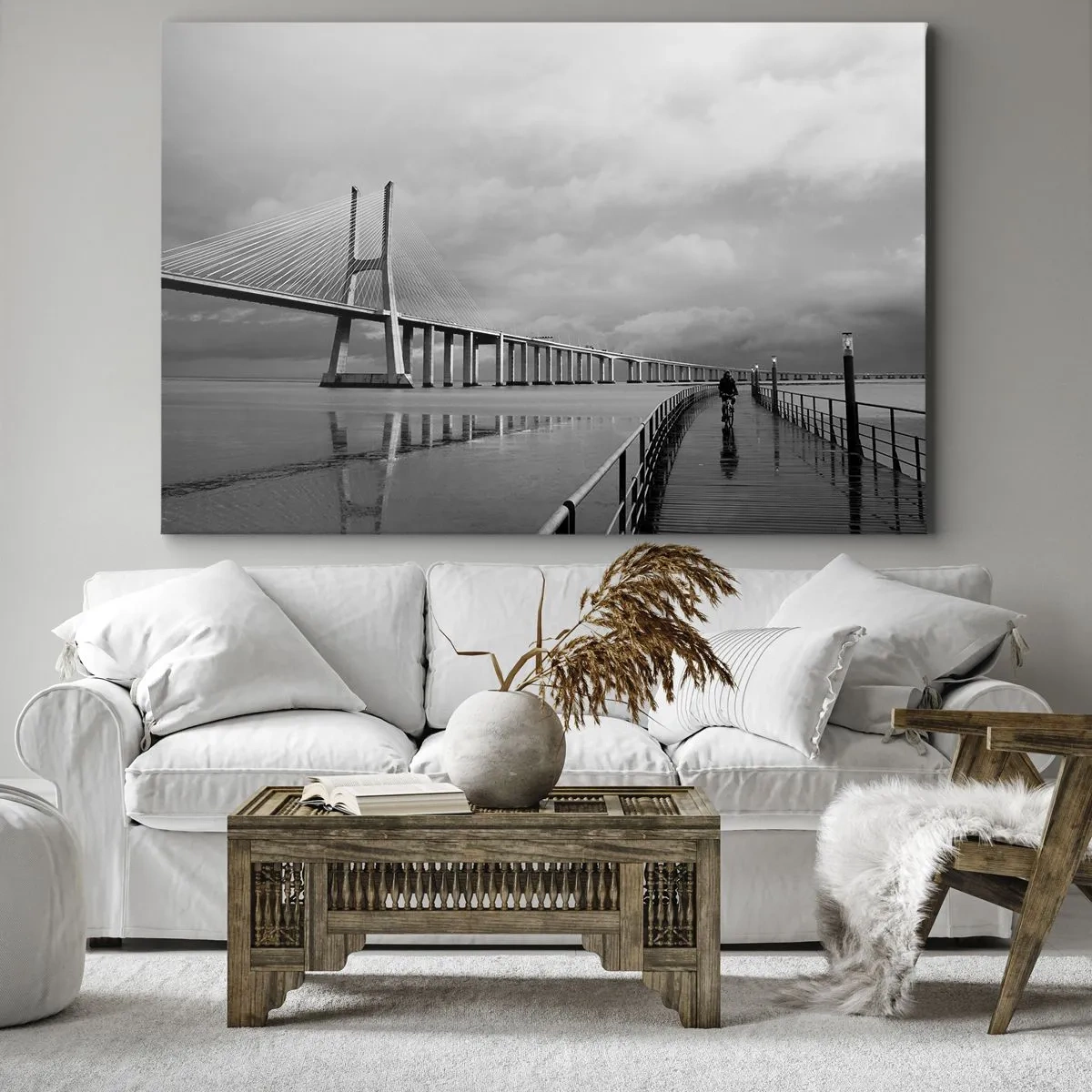 Schilderen op canvas - Een hangbrug over het water in zwart-wit - 70x50cm - Gun iedereen wat hij verdient. - Moderne wanddecoratie voor woonkamer en slaapkamer ARTTOR