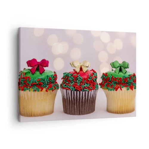Schilderen op canvas - Kerstcupcakes met kleurrijke sprinkles en strikken - 70x50cm - Snoepjes tot de strik - Moderne wanddecoratie voor woonkamer en slaapkamer ARTTOR