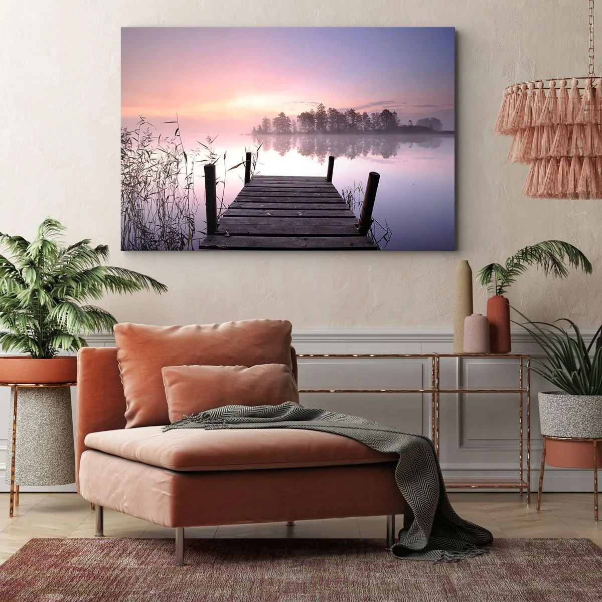 Schilderen op canvas - Een steiger aan het meer bij zonsopgang met mist en een pastelkleurige lucht - 70x50cm - Van de lila mist... - Moderne wanddecoratie voor woonkamer en slaapkamer ARTTOR