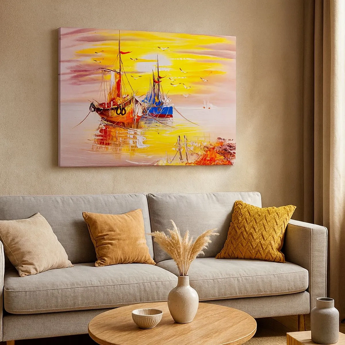 Schilderen op canvas - Een schilderachtig tafereel van boten op een kalme zee - 70x50cm - Een welverdiende rust in de haven - Moderne wanddecoratie voor woonkamer en slaapkamer ARTTOR