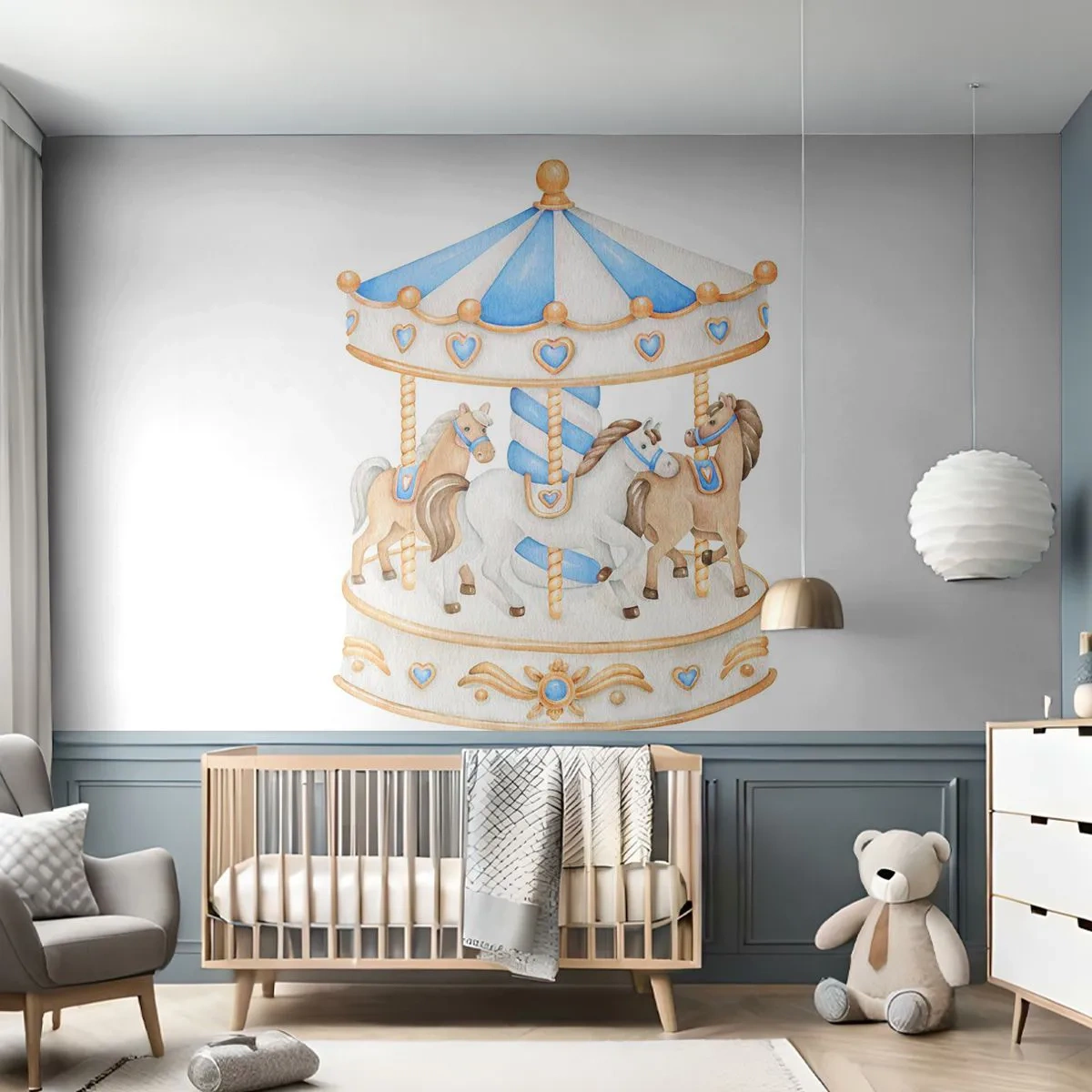 Fotobehang Premium Canvas - Zoete jeugd - Paarden, Draaimolen, Kinderen - 300x210 cm