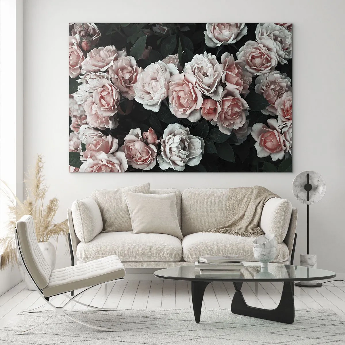Schilderen op glas - Een close-up van een boeket roze rozen op een donkere achtergrond - 70x50cm - Rozen ensemble - Moderne wanddecoratie voor woonkamer en slaapkamer ARTTOR