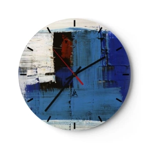 Wandklok - Klok - Moderne abstractie met dominant blauw en accenten van rood. - 30x30cm - Het geheim van blauw - Moderne wanddecoratie voor woonkamer, keuken en slaapkamer ARTTOR