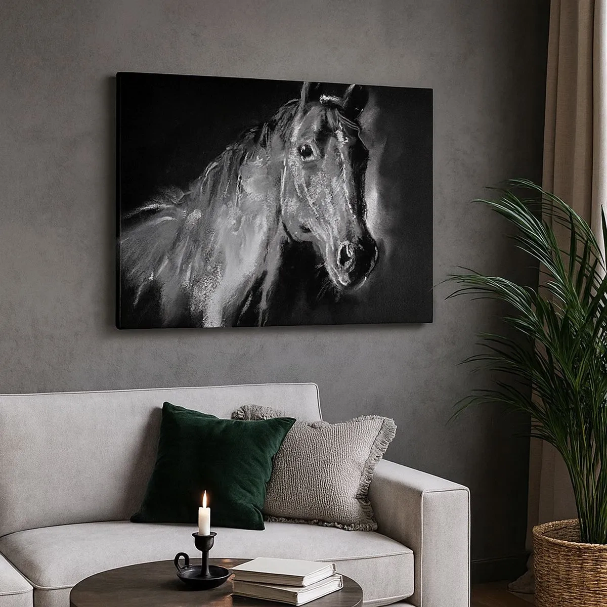 Schilderen op canvas - Portret van een paard in een dynamische zwart-witstijl - 70x50cm - De glans van een nobele ziel - Moderne wanddecoratie voor woonkamer en slaapkamer ARTTOR