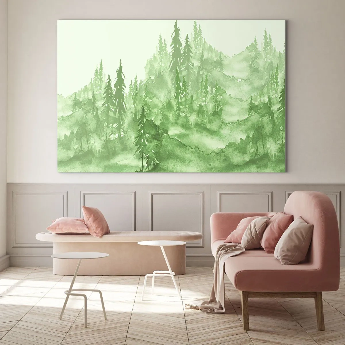 Schilderen op glas - Groen bos in aquarelstijl - 70x50cm - Wazig met groene mist - Moderne wanddecoratie voor woonkamer en slaapkamer ARTTOR