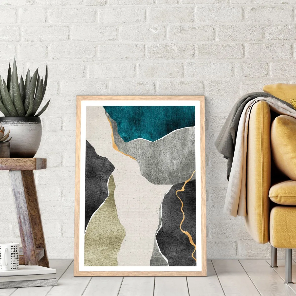 Een poster in een licht eiken lijst - Mozaïekcompositie met gouddraad - 40x50 cm