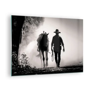 Schilderen op glas - Silhouet van een cowboy die een paard door een mistig landschap leidt - 70x50cm - Texas ochtend - Moderne wanddecoratie voor woonkamer en slaapkamer ARTTOR